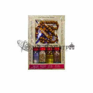 a set of wooden rosary with 4 holy land elements