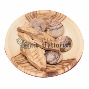Religious Christian olive wood fish and loaves with bowl