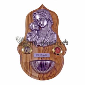 olive wood holy water font hanging, with 2 elements and metal virgin Mary