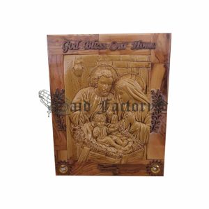 olive wood god bless our home wall hanging plaque with 2 holy land elements and holy family gypsum/birth of Jesus