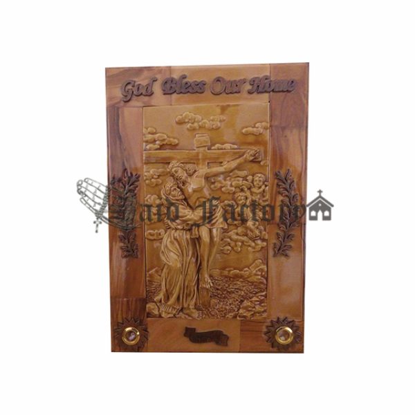 Olive wood god bless our home wall hanging plaque with Jesus on the cross gypsum