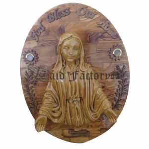 olive wood holy Mary god bless our home wall hanging plaque oval shape