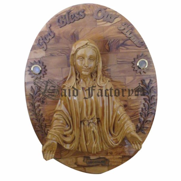 olive wood holy Mary god bless our home wall hanging plaque oval shape