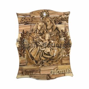 olive wood god bless our home wall hanging plaque with gypsum holy family carving