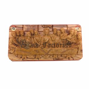 olive wood Easter plaque with gypsum last supper and 2 holy land elements