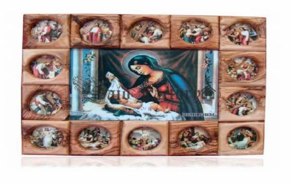 olive wood god bless our home fourteen station of the cross wall hanging plaque with virgin Mary