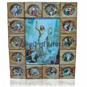 olive wood god bless our home fourteen station of the cross wall hanging plaque with Jesus Christ rising