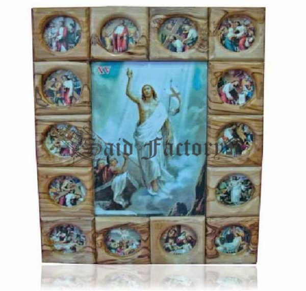 olive wood god bless our home fourteen station of the cross wall hanging plaque with Jesus Christ rising