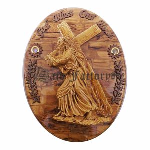 home blessing olive wood god bless our home wall plaque with Jesus carrying his cross gypsum with2 elements from the holy land