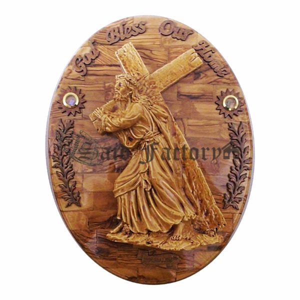 home blessing olive wood god bless our home wall plaque with Jesus carrying his cross gypsum with2 elements from the holy land
