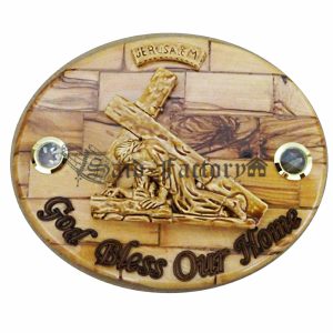 olive wood wall hanging god bless our home plaque with Jesus carrying his cross gypsum