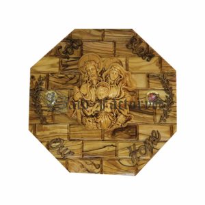 octagonal shape olive wood wall hanging plaque with god bless our home and holy family carving,2 holy land elements