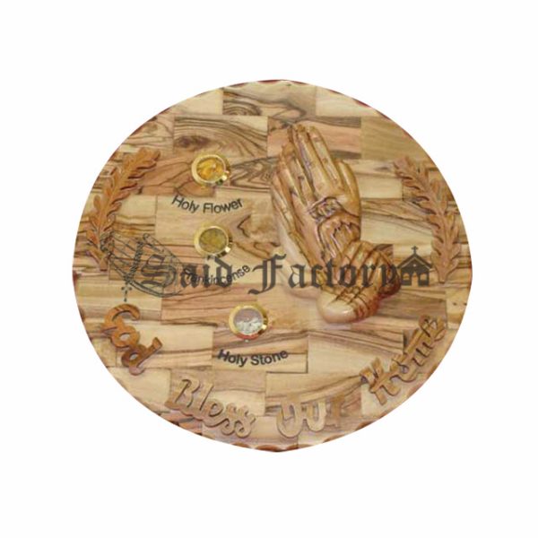 olive wood god bless our home wall hanging plaque with olive wood praying hands and 3 holy land elements