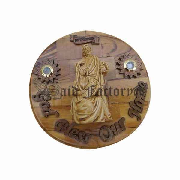 olive wood small plaque god bless our home with gypsum holy family and 3 holy land elements