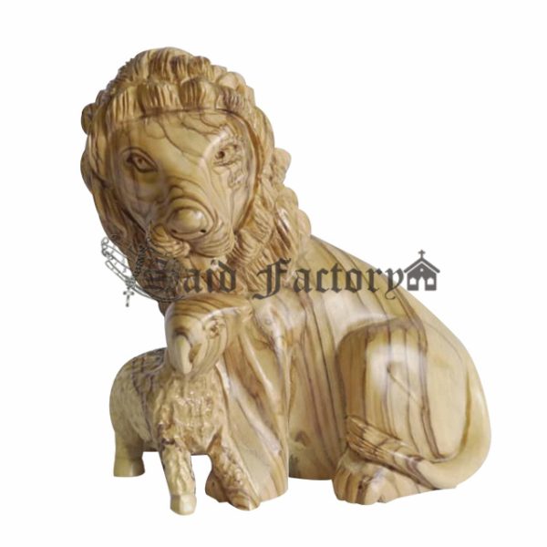 olive wood hand carved lion with lamp
