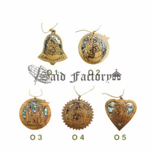 olive wood engraving Christmas tree ornament with green mother of pearl