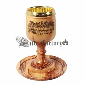 olive wood crafted chalice cup with plate and engraving last supper from Bethlehem