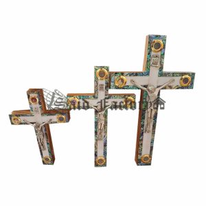 olive wood catholic cross with full mother of pearl, and 4 holy land elements