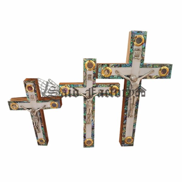 olive wood catholic cross with full mother of pearl, and 4 holy land elements