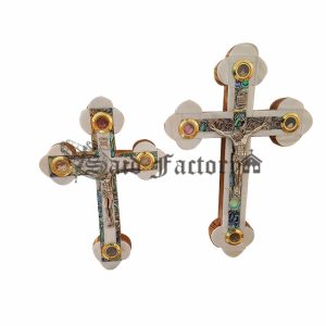 olive wood orthodox cross with full mother of pearl, and 4 holy land elements