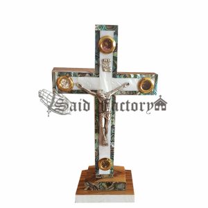 olive wood standing catholic cross with full mother of pearl, and 4 holy land elements