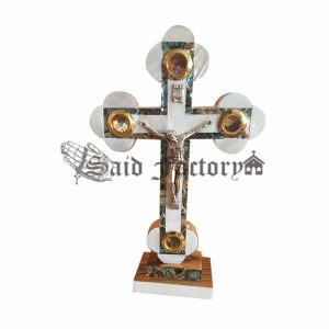 olive wood standing orthodox cross with full mother of pearl, and 4 holy land elements