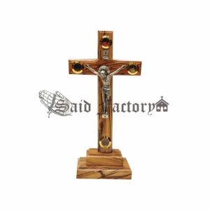 olive wood standing catholic cross with 4 holy land elements(soil , incense ,flowers , stones) and metal Jesus