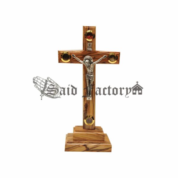 olive wood standing catholic cross with 4 holy land elements(soil , incense ,flowers , stones) and metal Jesus