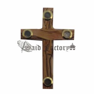 olive wood hanging catholic cross with four elements