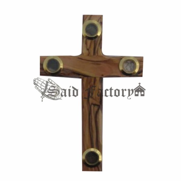 olive wood hanging catholic cross with four elements