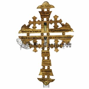 olive wood lord prayer cross, our father cross with holy oil and holy Jordan water