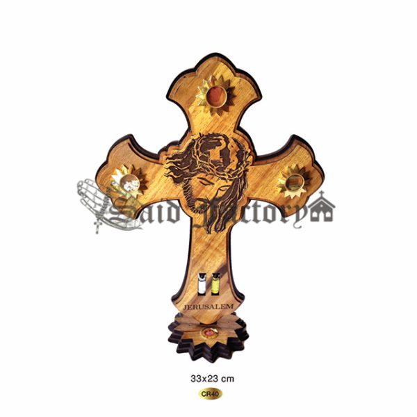 standing olive wood engraving cross with Jesus face and 5 elements
