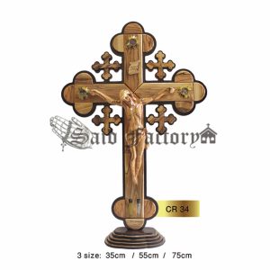 Olive wood standing orthodox cross engraving with 5 elements and olive wood crucifix