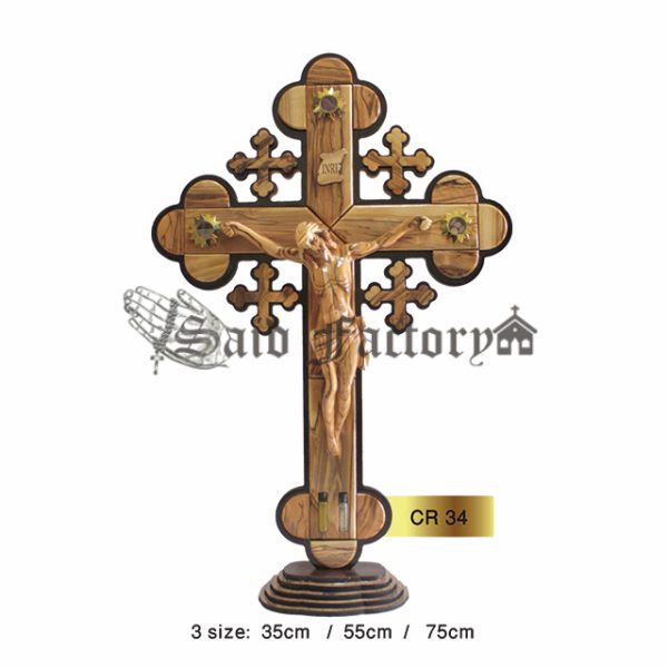 Olive wood standing orthodox cross engraving with 5 elements and olive wood crucifix