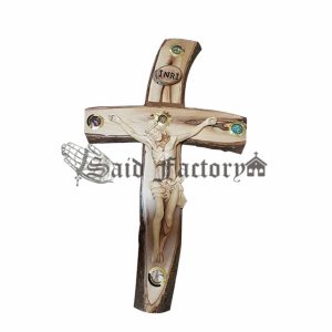 Bark olive wood wall hanging catholic cross with 5 elements and olive wood crucifix