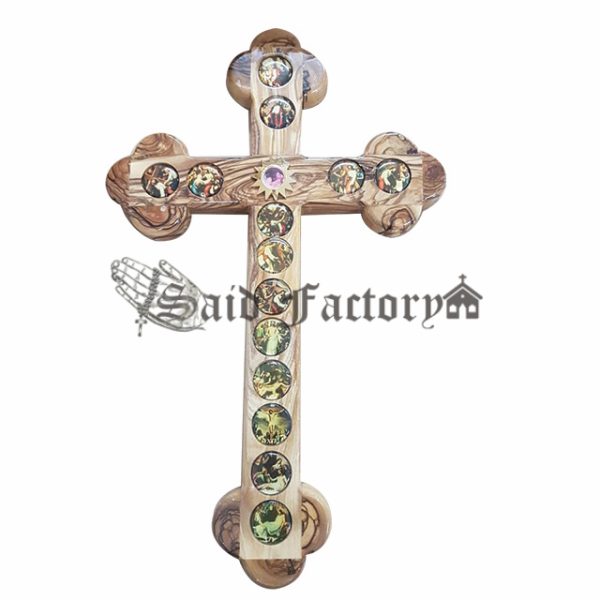 olive wood wall hanging orthodox cross with fourteen station of the cross