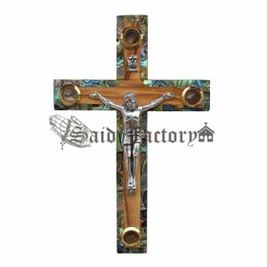 olive wood catholic cross with green mother of pearl decor, and 4 holy land elements
