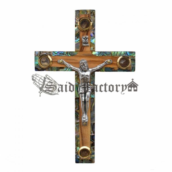 olive wood catholic cross with green mother of pearl decor, and 4 holy land elements