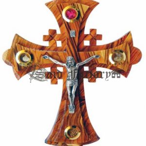 olive wood terra Santa cross wall hanging with 4 holy land elements and metal Jesus