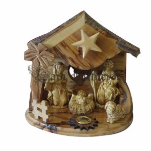 olive wood musical bark nativity scene with gypsum holy family figures