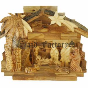 olive wood bark nativity scene hand made in Bethlehem