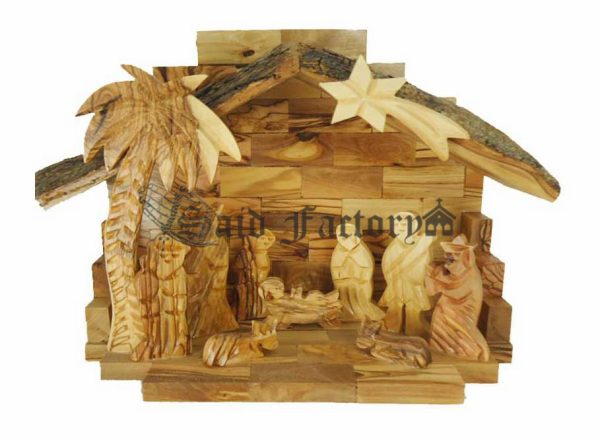 olive wood bark nativity scene hand made in Bethlehem