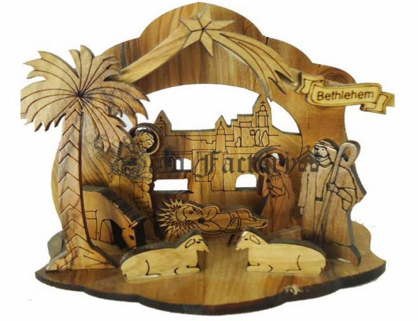 olive wood engraving nativity scene with gift box
