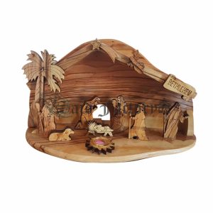 olive wood nativity scene with engraving figures