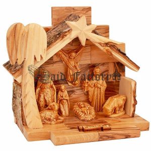 olive wood bark nativity set with gypsum figures hand made