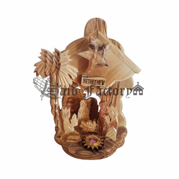Bethlehem hand made olive wood musical Christmas nativity with holy incense