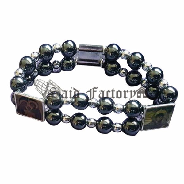 Jerusalem holy land hand made double elastic hematite stone bracelet with 3 Christian icons