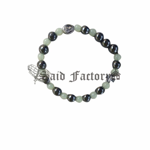 hematite stone elastic bracelet with green plastic beads and two icons