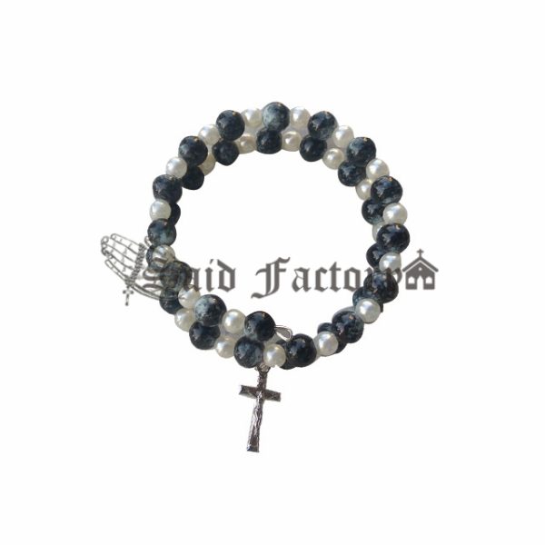 black color glass stone bead twist bracelet white whiteplasitcbeads and charm cross