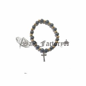 hematite stone elastic bracelet with gold plastic beads and charm cross